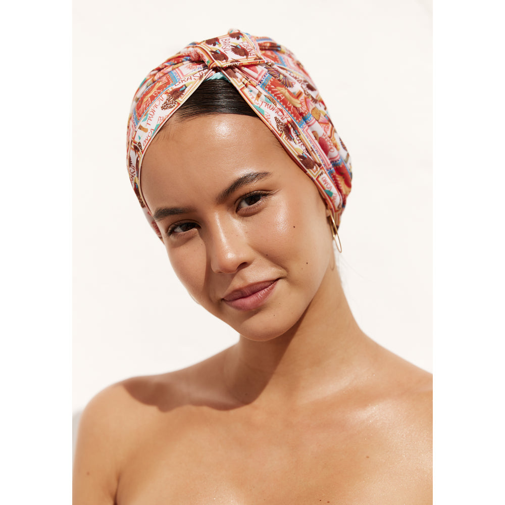 Louvelle Amelie shower cap in Papaya Postcard print, waterproof shower cap for frizz free hair