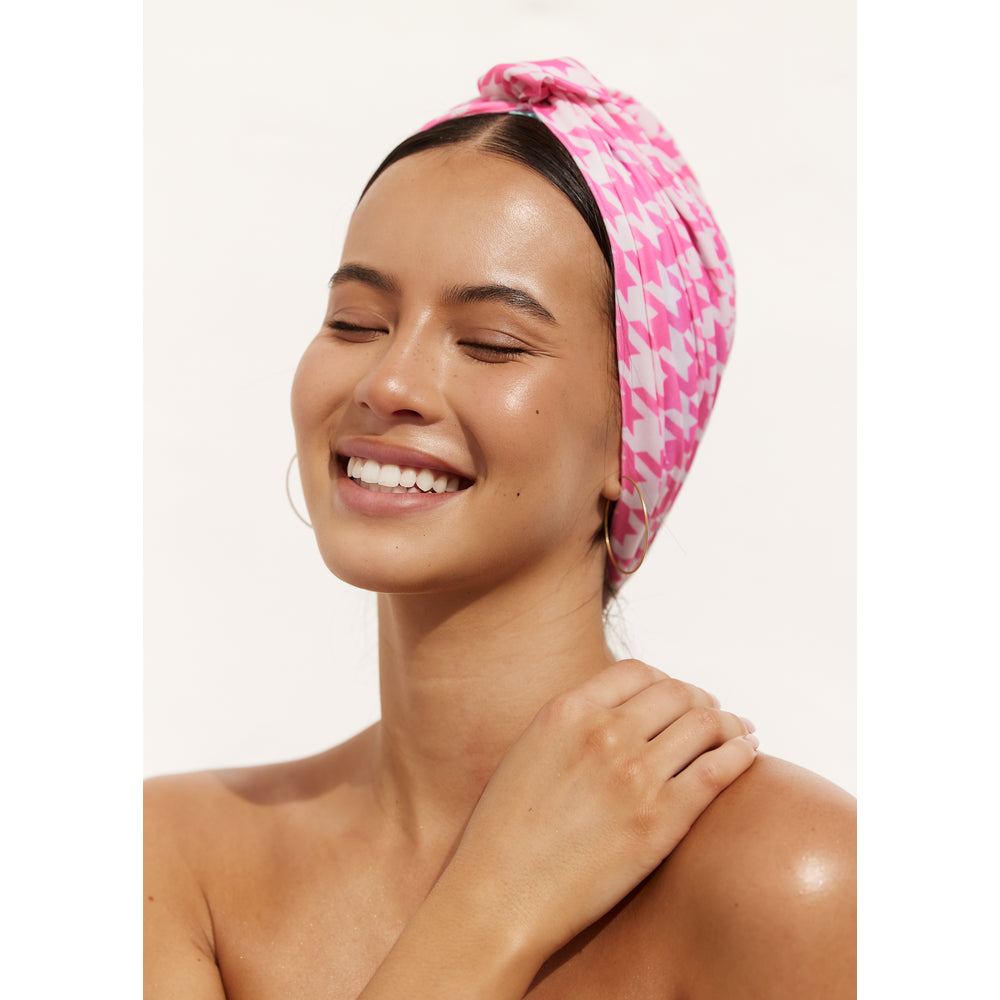 Louvelle Amelie shower cap in Pink Houndstooth print, waterproof shower cap for frizz free hair