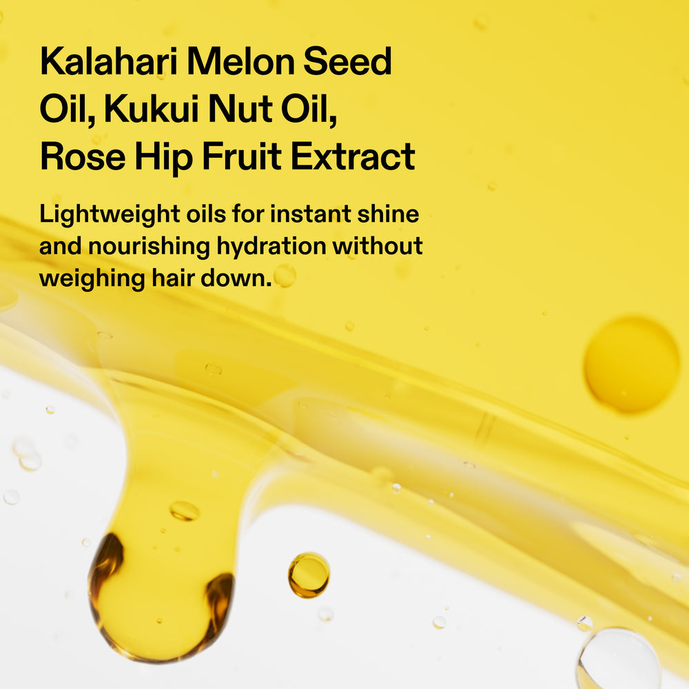 Olaplex No.7 Shine Serum Oil Mist key oils graphic featuring Kalahari melon seed oil, kukui nut oil and rosehip fruit extract