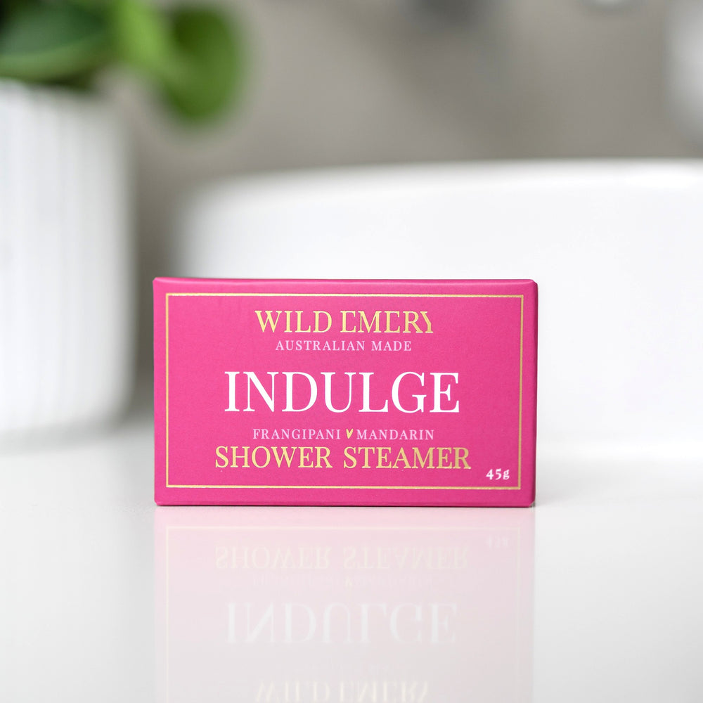 Wild Emery Indulge Shower Steamer, frangipani and frankincense aromatherapy scent