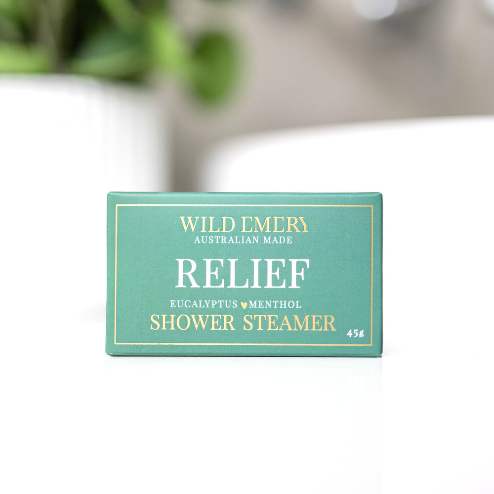 Wild Emery Relief Shower Steamer, mentholated eucalyptus aromatherapy scent