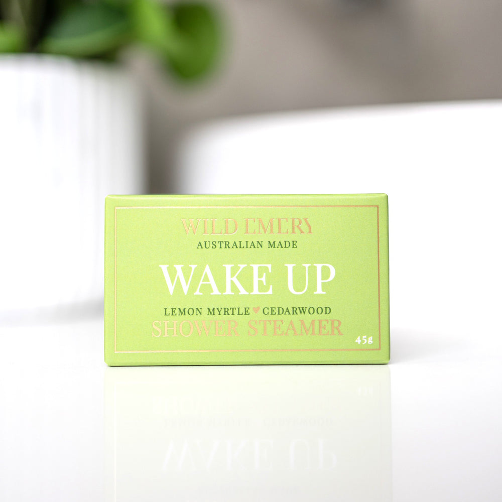 Wild Emery Wake Up Shower Steamer, lemon myrtle and cedarwood aromatherapy scent