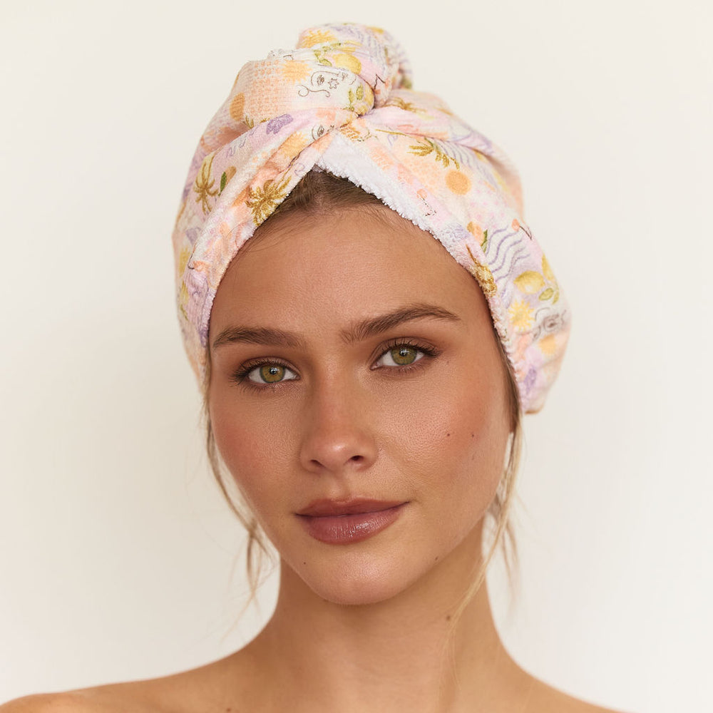 Louvelle Riva microfibre hair towel wrap in Lemon Lover print for fast, gentle drying