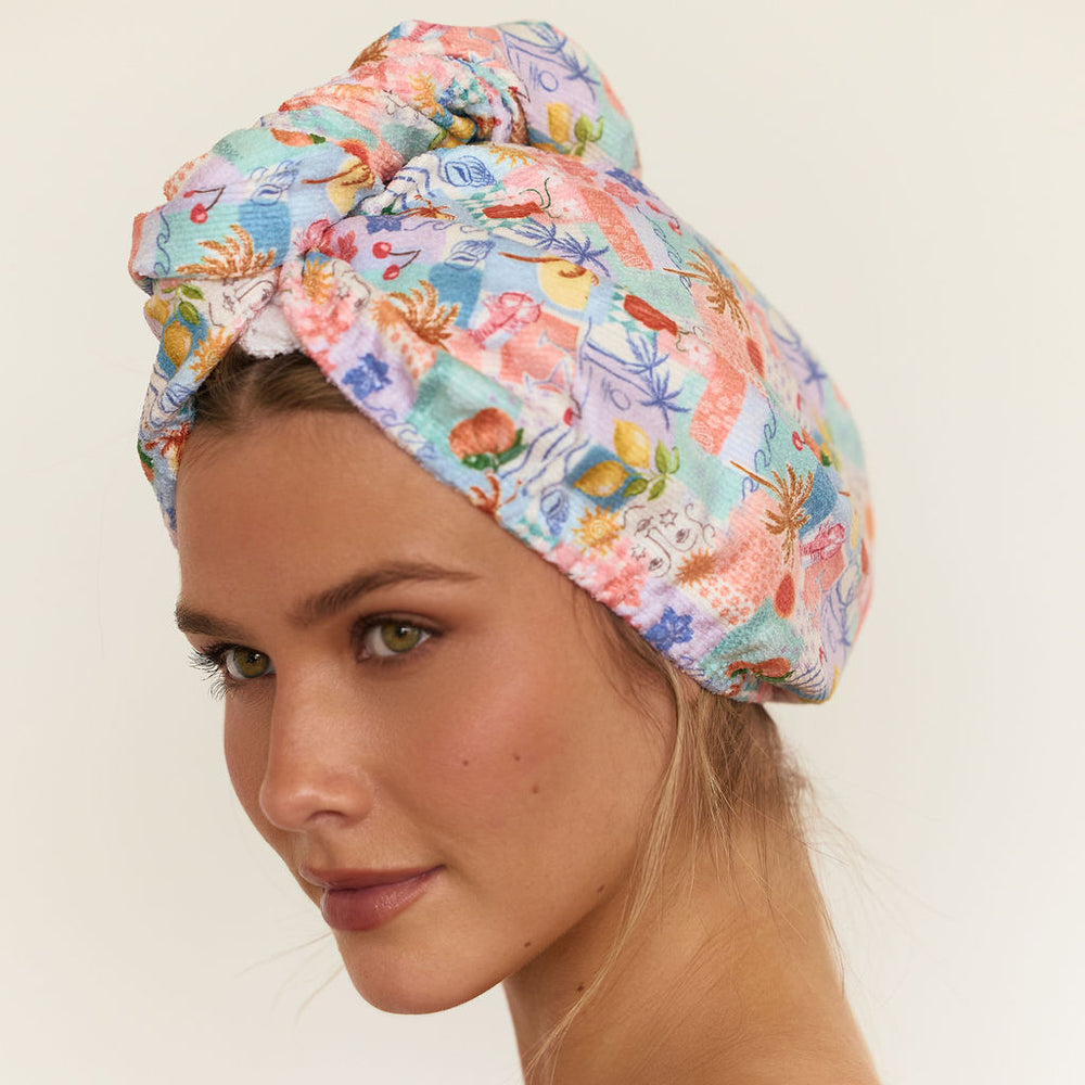 Louvelle Riva microfibre hair towel wrap in Pacific Paradise print for fast, gentle drying