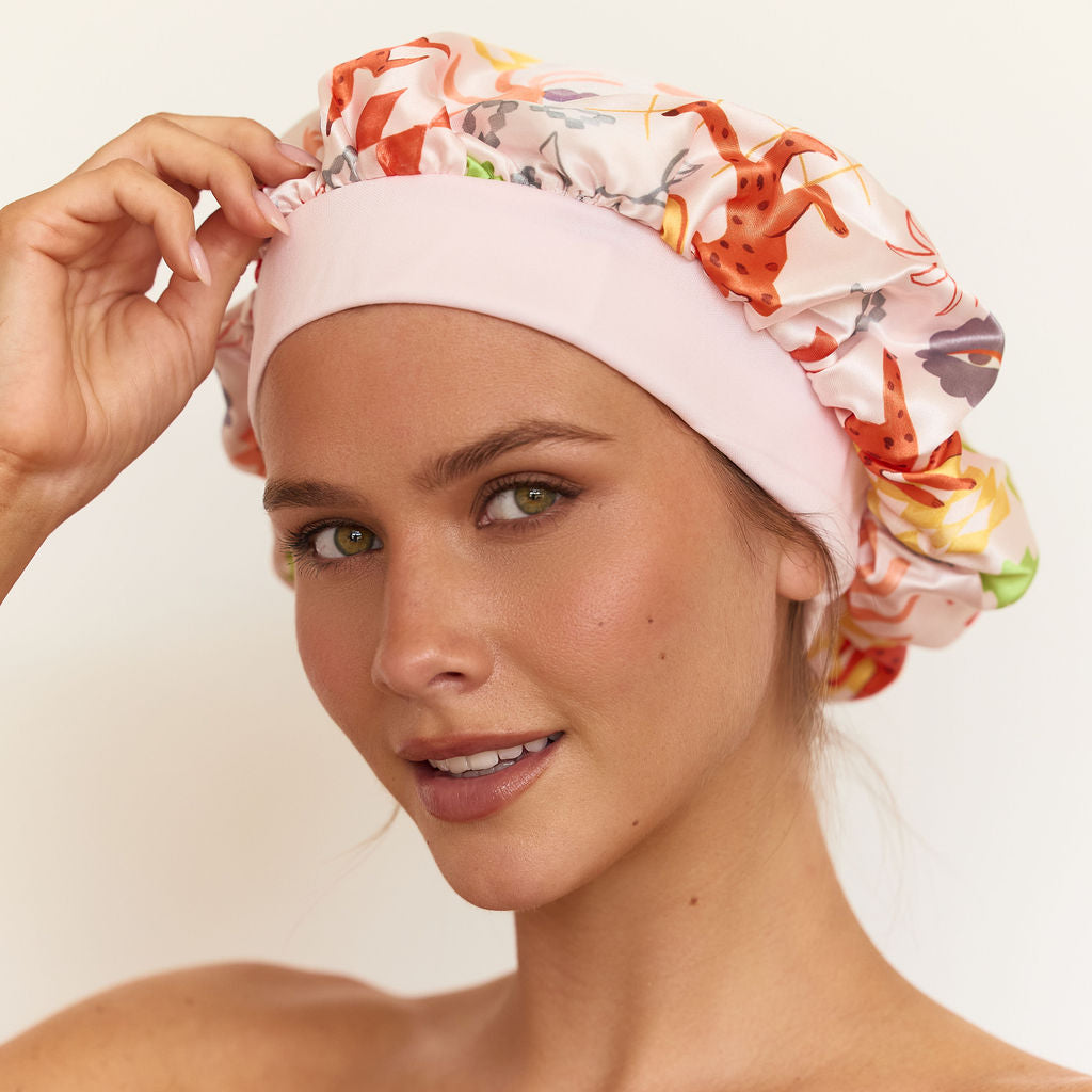 Louvelle satin sleep bonnet in Santorini Sun print, double layered satin bonnet to protect hair overnight