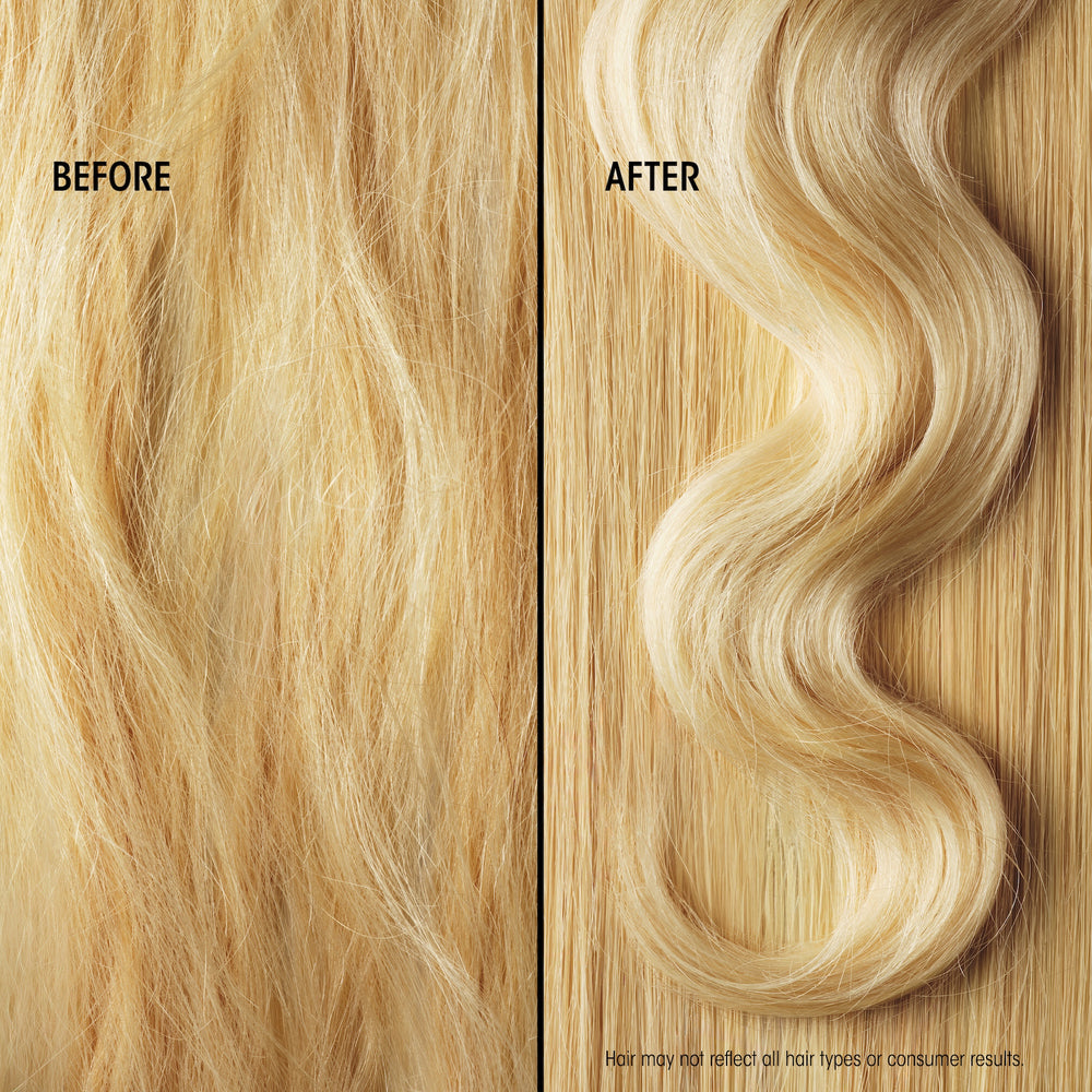 Before and after of blonde hair looking smoother, shinier and more defined with Oribe Hair Alchemy Bond Building Elixir