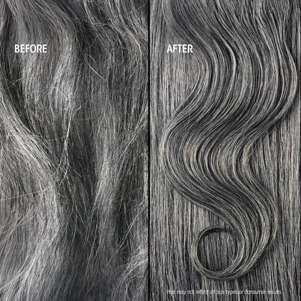 Before and after of silver grey hair looking smoother and sleeker with Oribe Hair Alchemy Bond Building Elixir