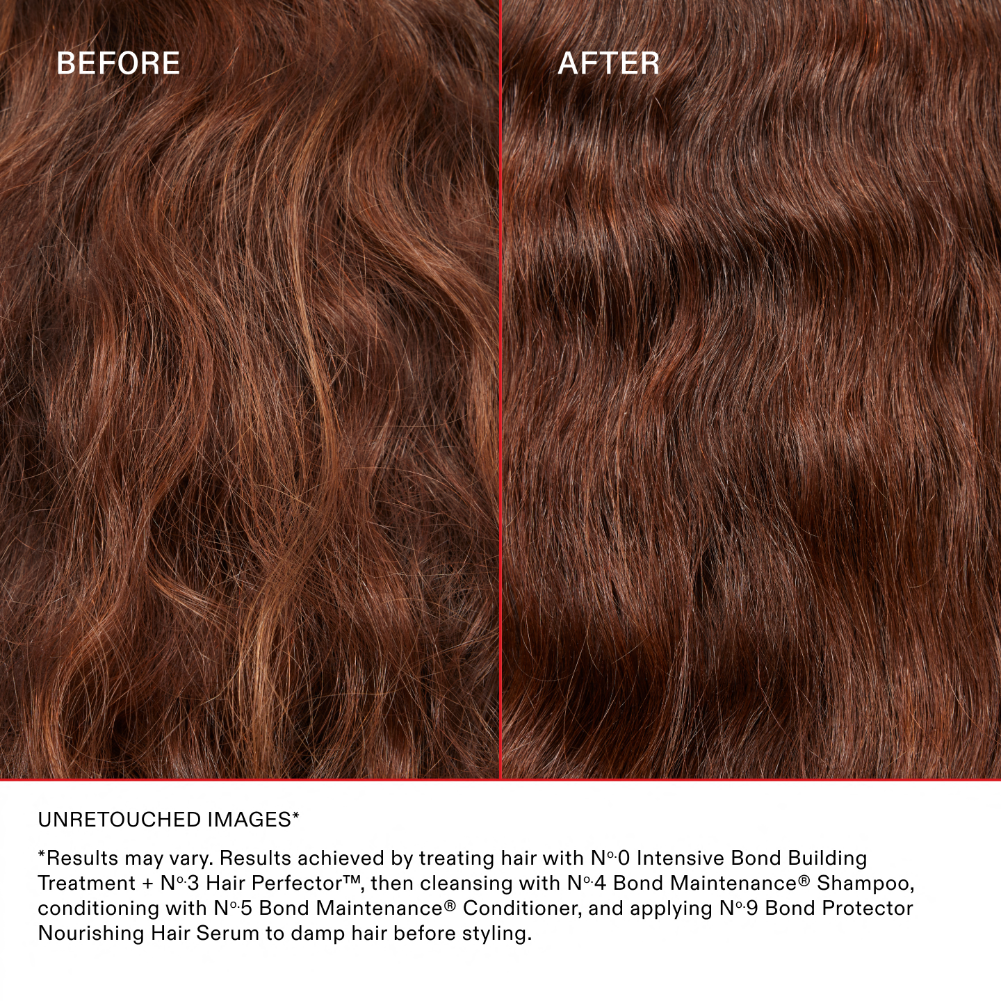 Olaplex No.0 and No.3 repair system before and after results, unretouched images