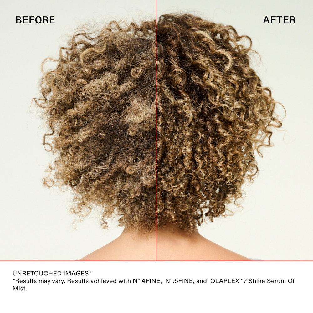 Before and after of defined hydrated curls using Olaplex No.4 Fine, No.5 Fine and No.7 Shine Serum Oil Mist, unretouched images