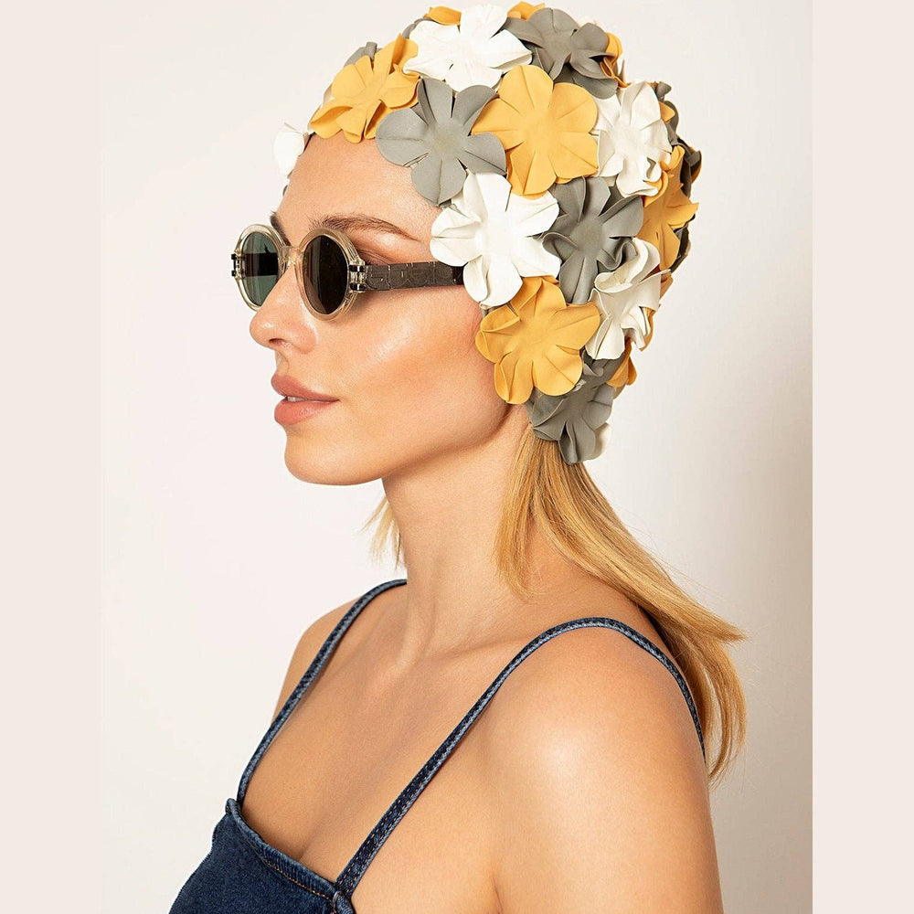 Kores Vintage Swim Cap in Multicolour, retro swim cap with yellow, white and olive flowers