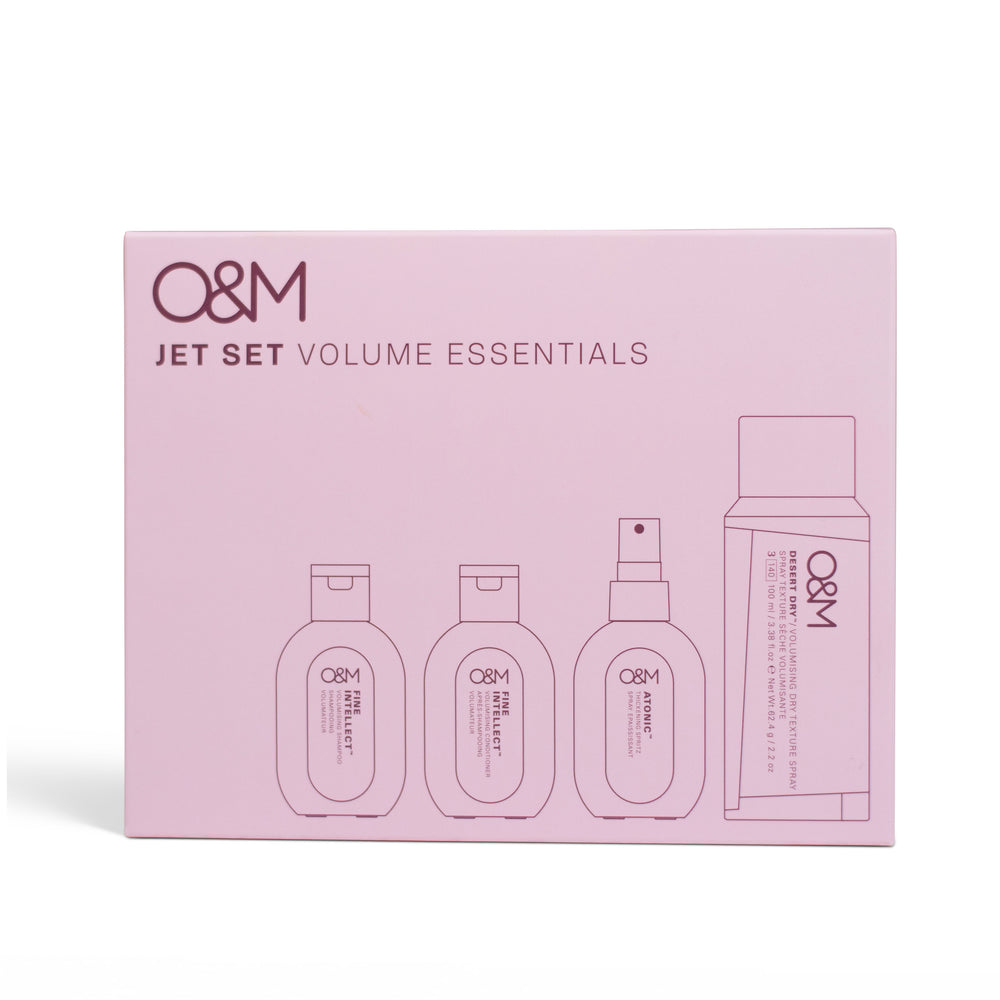 O&M Jet Set Volume Essentials 2026 Christmas gift box with Fine Intellect Shampoo and Conditioner, Atonic and Desert Dry minis