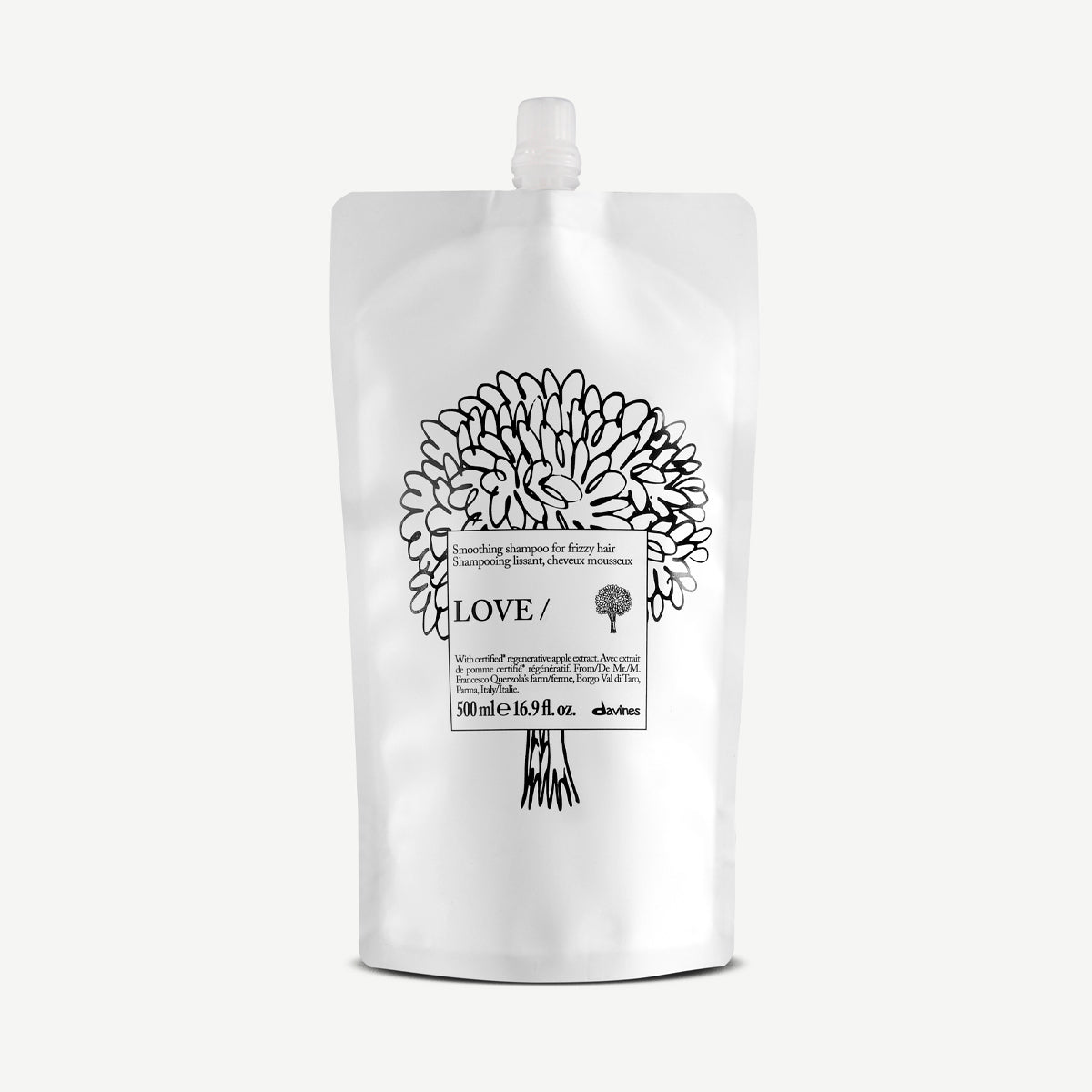 Davines LOVE Smoothing Shampoo 500ml Refill pouch white background front view for frizzy hair
