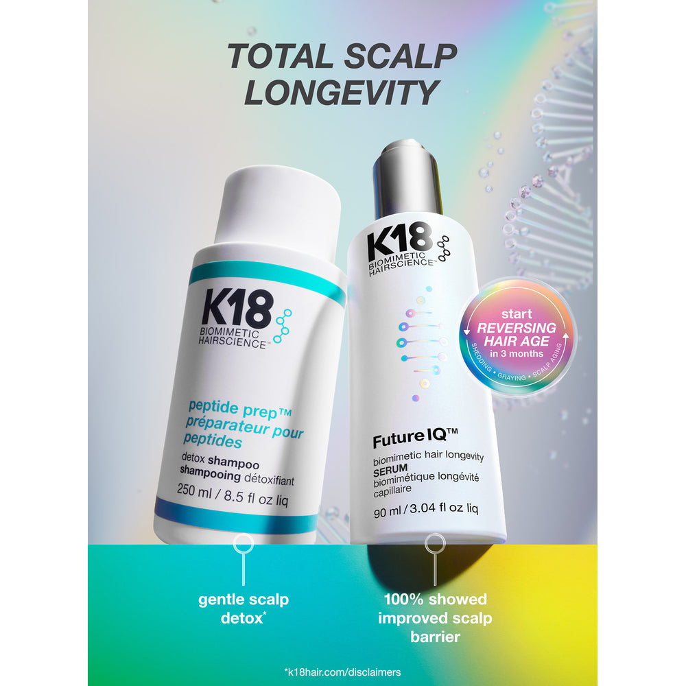 K18 FutureIQ Hair Longevity Serum with K18 Peptide Prep Detox Shampoo for total scalp longevity