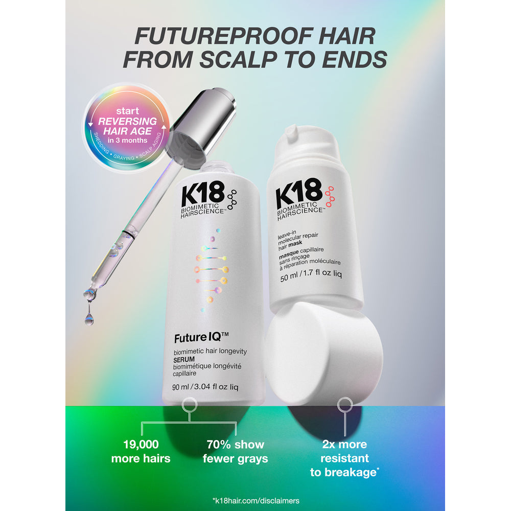 K18 FutureIQ Hair Longevity Serum with K18 Leave-In Molecular Repair Hair Mask for hair from scalp to ends