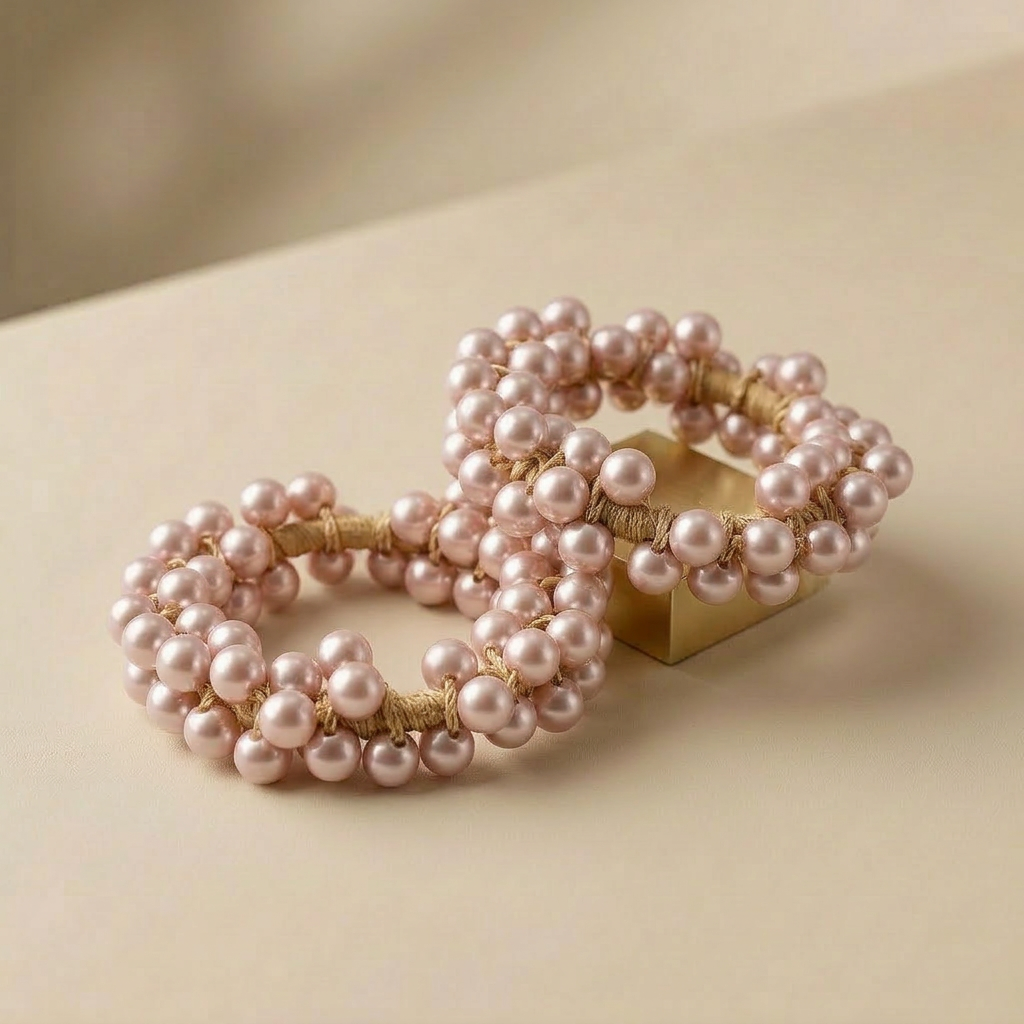 Pink pearl hair ties on a beige surface