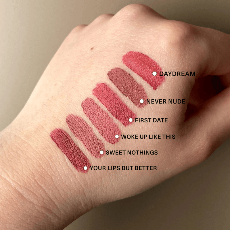 Kester Black neutral lip colour swatch on fair skin