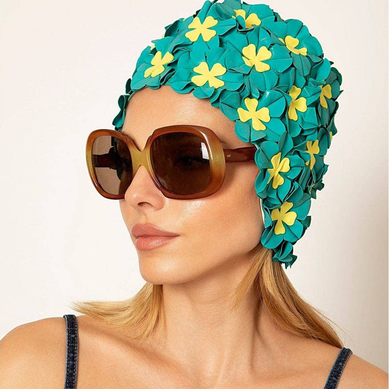 Kores Vintage Swim Cap in Emerald Bon Bon, teal swim cap with yellow flowers