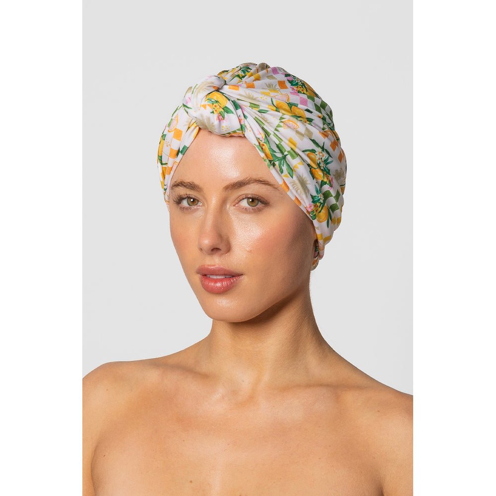Louvelle Dahlia Big Hair XL shower cap in Limonata print for long, thick or curly hair