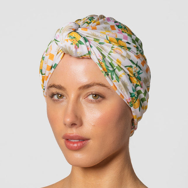 Louvelle Dahlia Big Hair XL shower cap in Limonata print for long, thick or curly hair