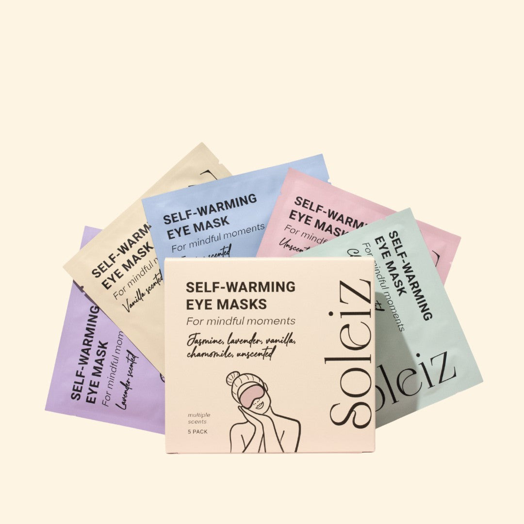 Soleiz Mixed Scent self-warming eye masks box contents showing all five scents