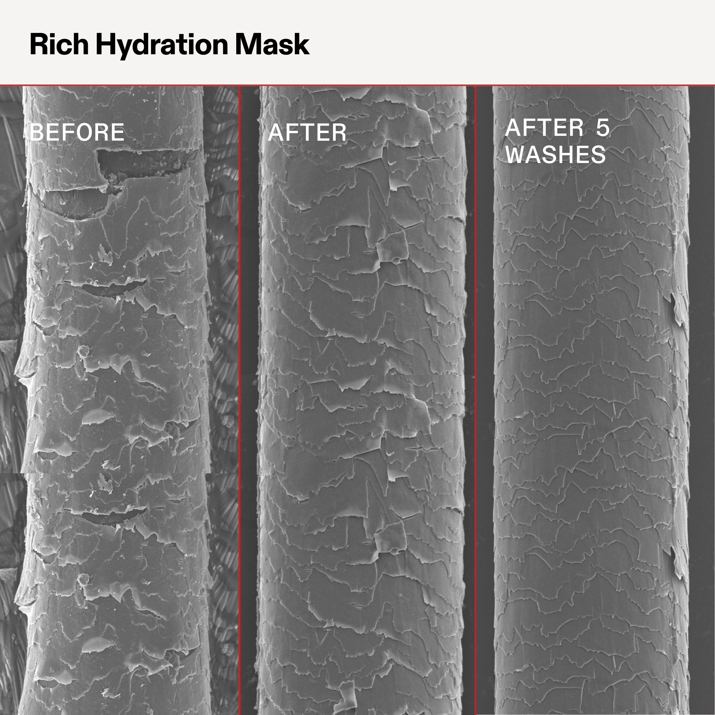 SEM images showing the effect of a Rich Hydration Mask on hair texture before, after, and after five washes.