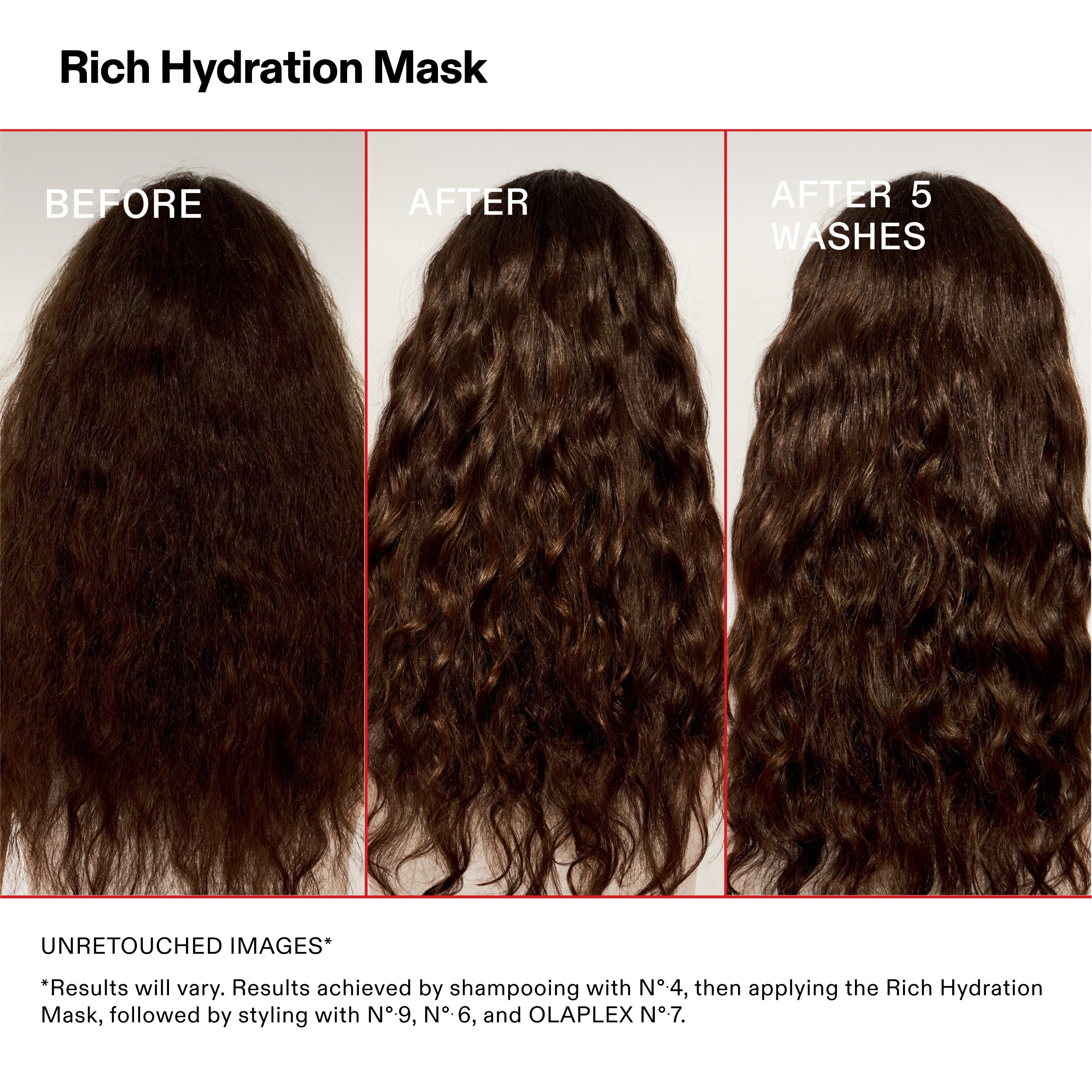 Before, after, and after 5 washes of a Rich Hydration Mask on hair