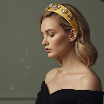 Regal Hive Headband woman wearing the Regal Hive Headband in front of a green wall