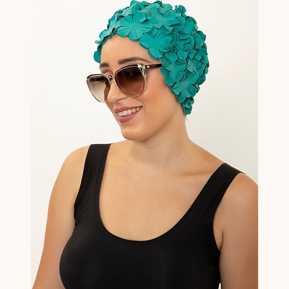 Kores Vintage Swim Cap in Emerald, teal green flower swim cap