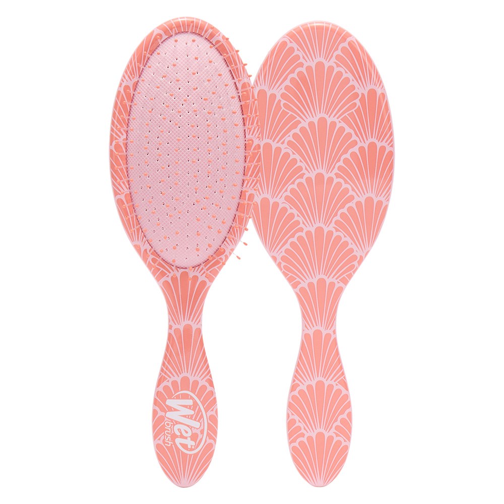 Wet Brush Coastal Charm Original Detangler Sunshine and Seashells, coral seashell print handle detangling hairbrush on white background