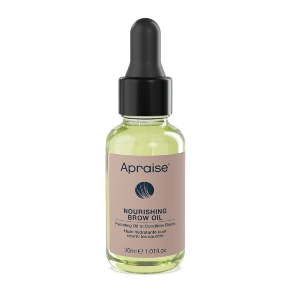 Bottle of Apraise Nourishing Brow Oil with dropper on a white background