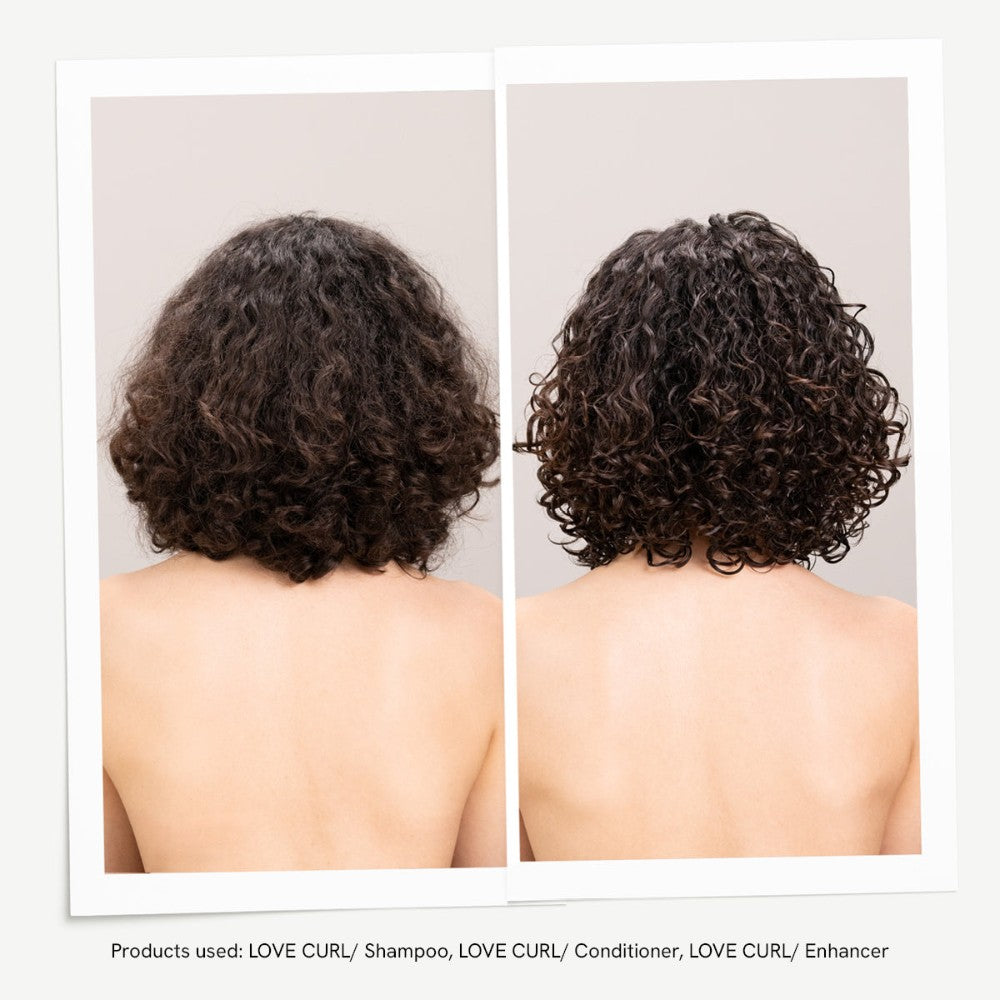 Before and after curls styled with Davines Love Curl Enhancing Milk showing definition and bounce