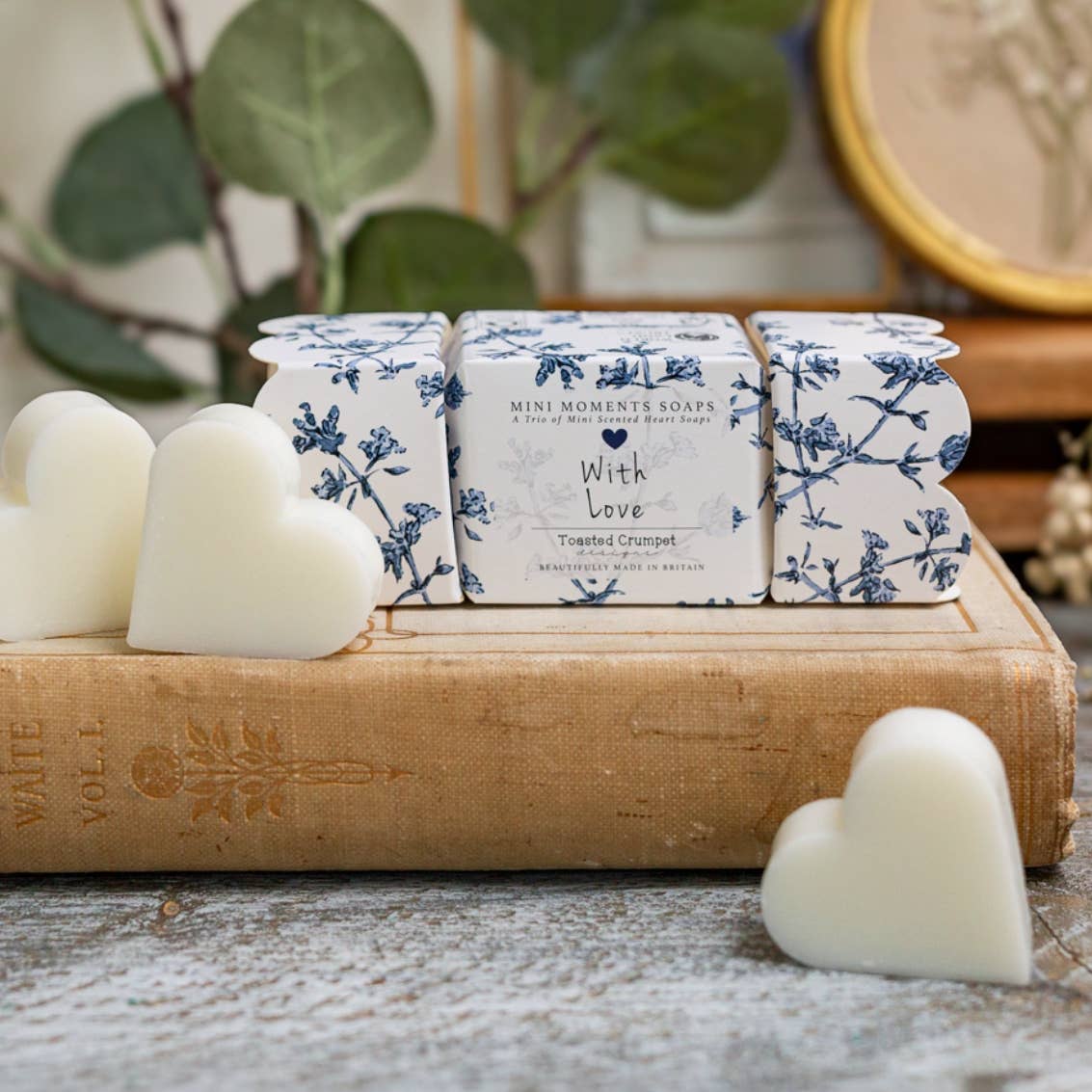 Toasted Crumpet Chateau cracker shaped gift box of three heart shaped mini soaps styled on books