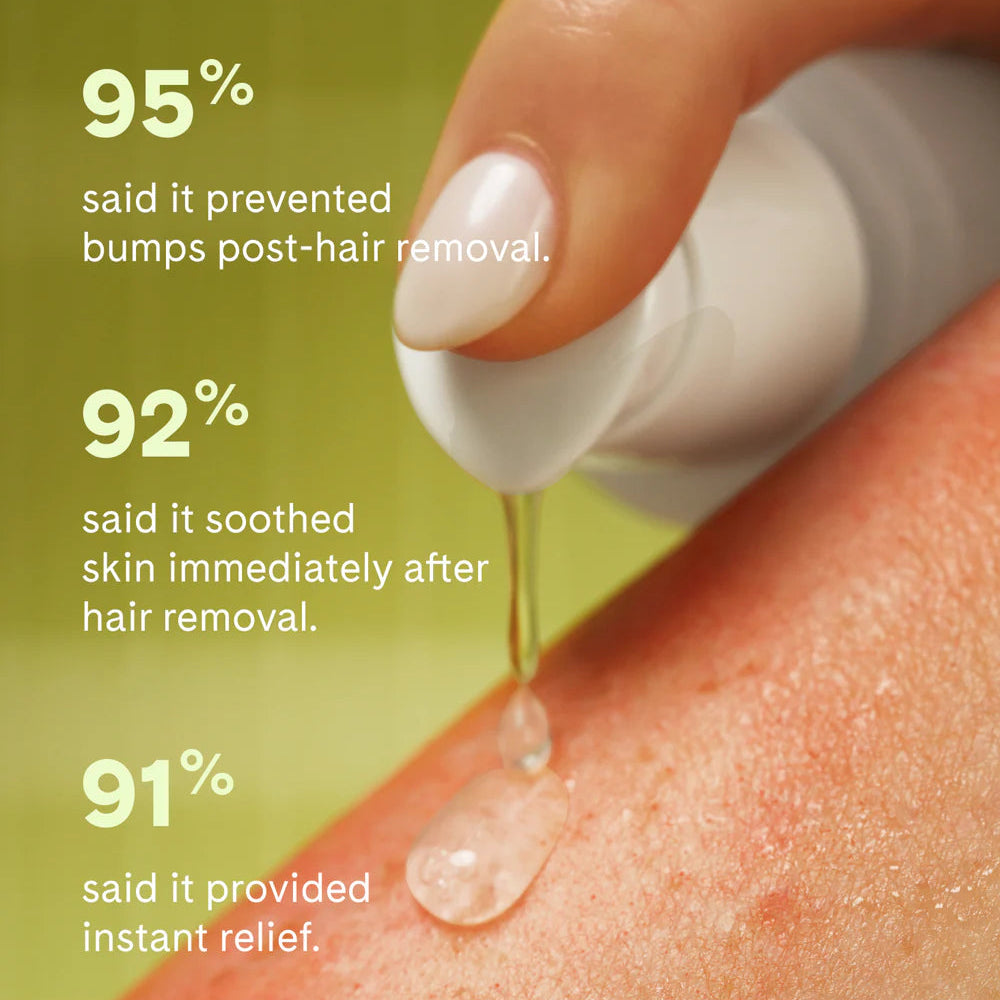 Hand applying a skincare product to skin with text on a green background