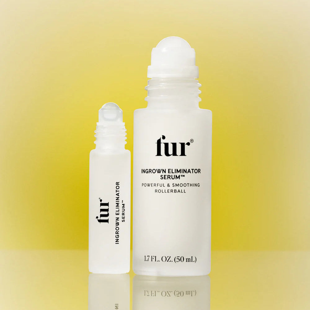 Fur ingrown eliminator serum bottles on a gradient yellow background