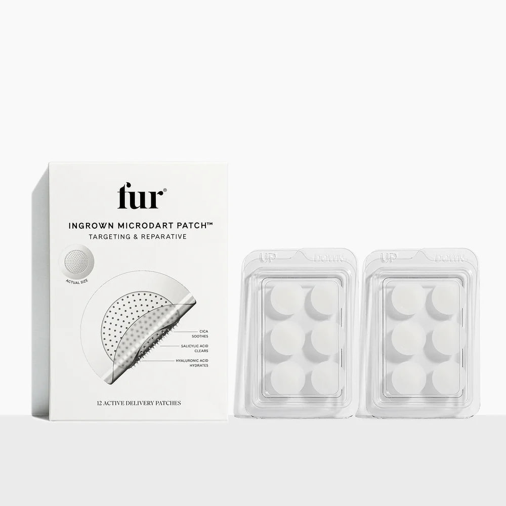 Fur ingrown microdart patch packaging on a white background