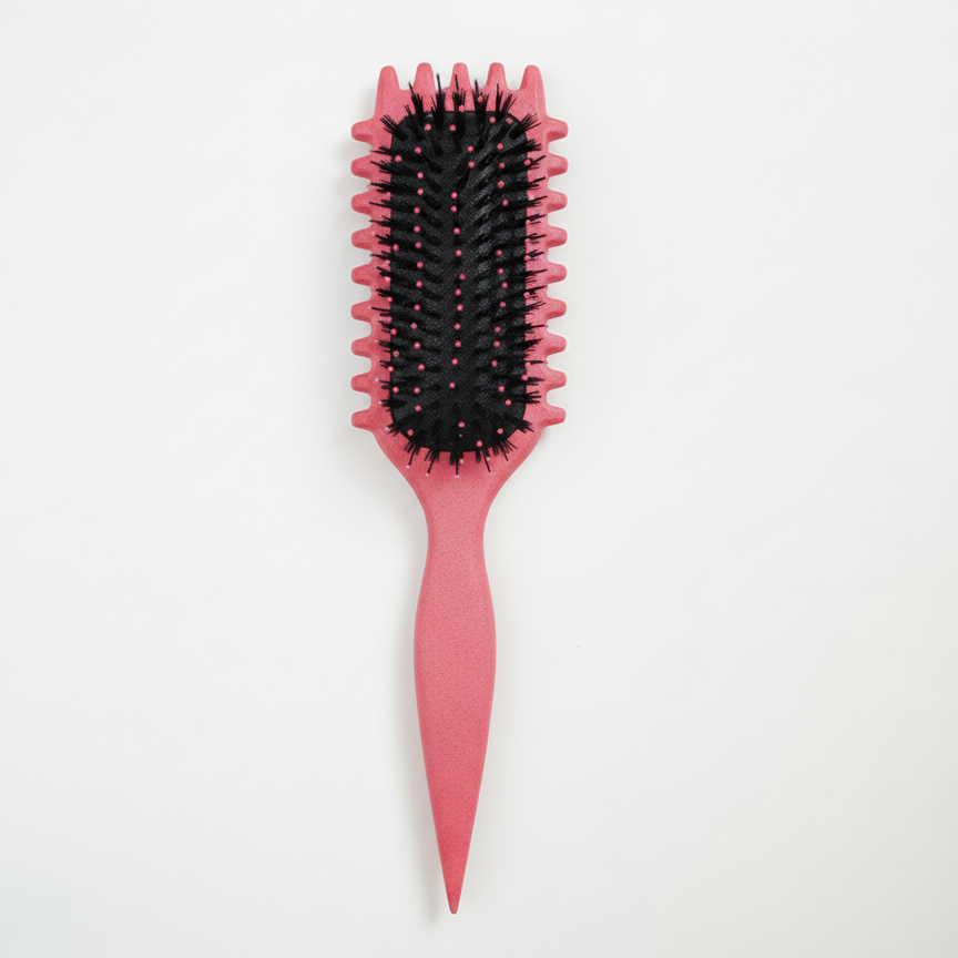 red hairbrush with black bristles on a white background