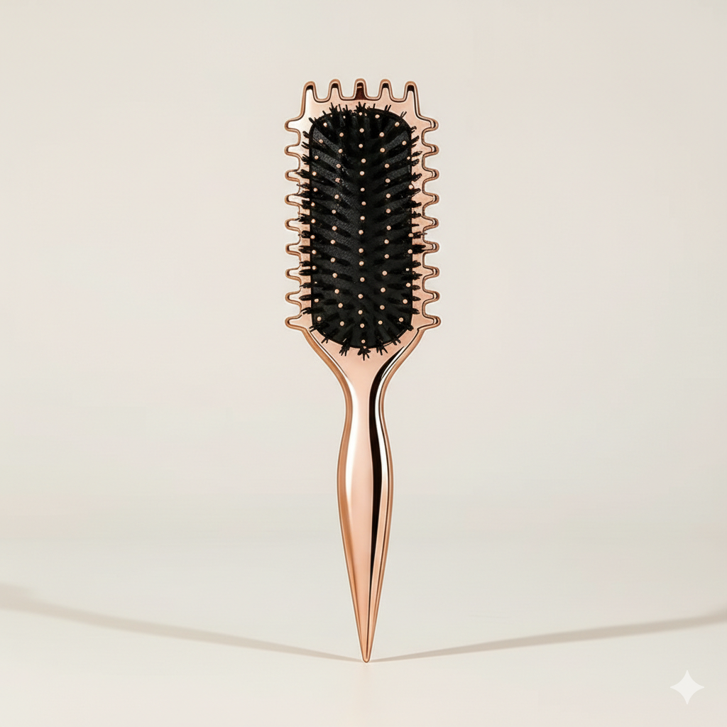 Gildie Curly Girl Hairbrush in Chromalux Rose gold hairbrush with black bristles on a beige background