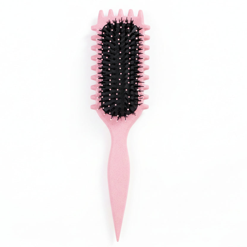 Pink curly hair hairbrush on a black pegboard background