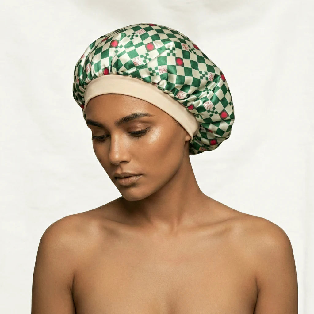 Satin sleep bonnet with checkered pattern for hair protection