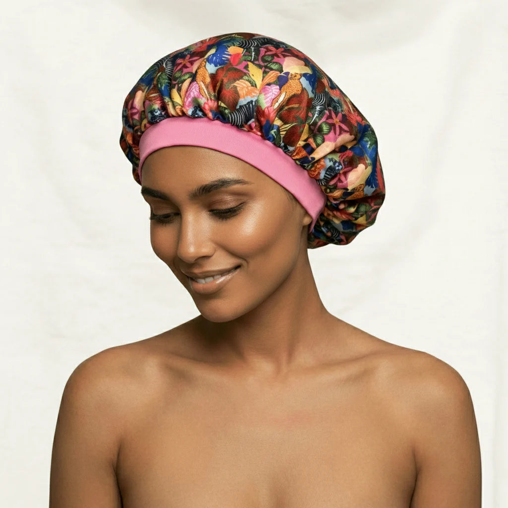 Colorful floral satin sleep bonnet for hair care