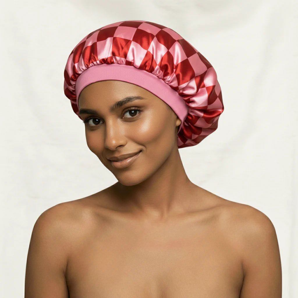 Red floral satin sleep bonnet for hair protection