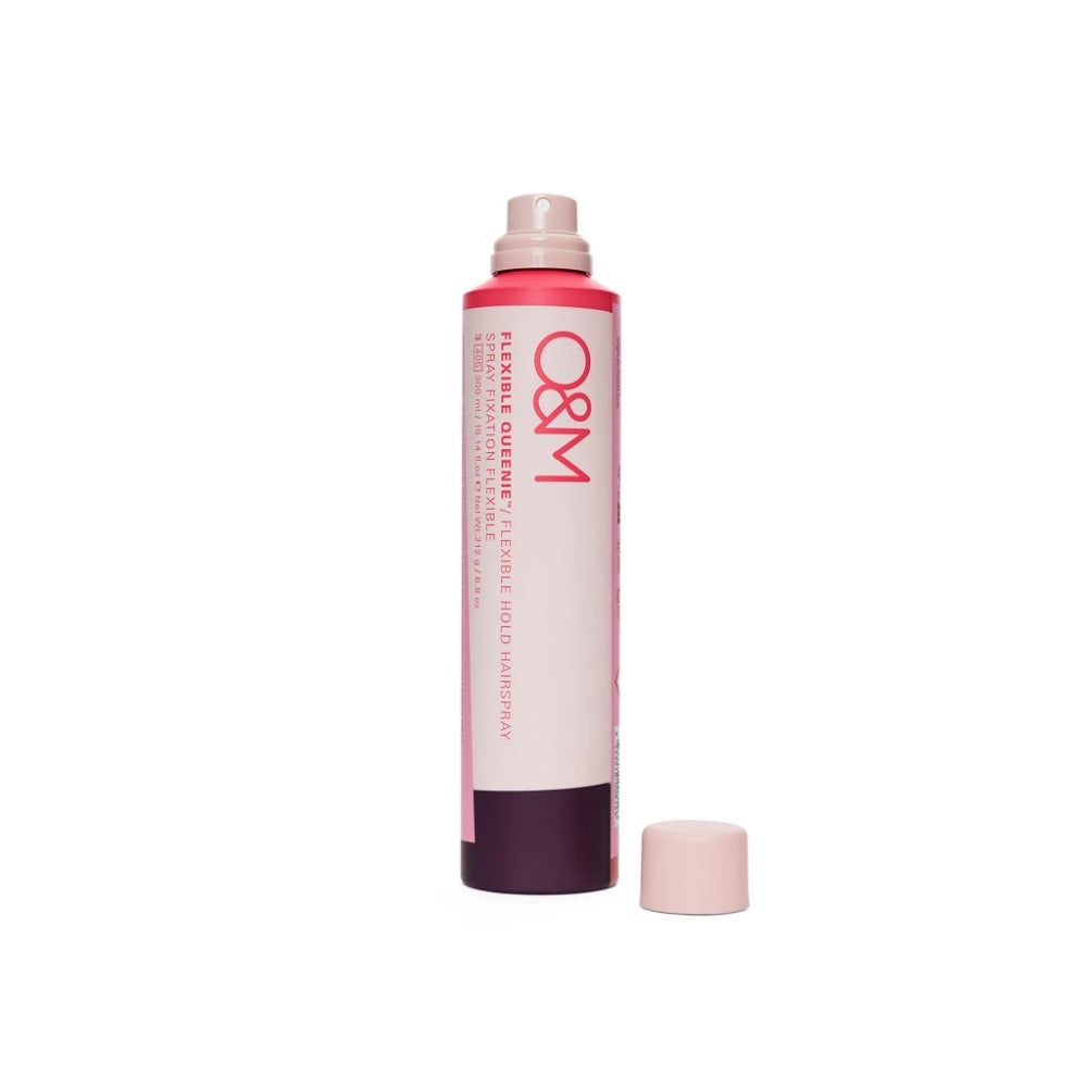 O&M Flexible Queenie Flexible Hold Hairspray 300ml can back view showing directions and clean from list