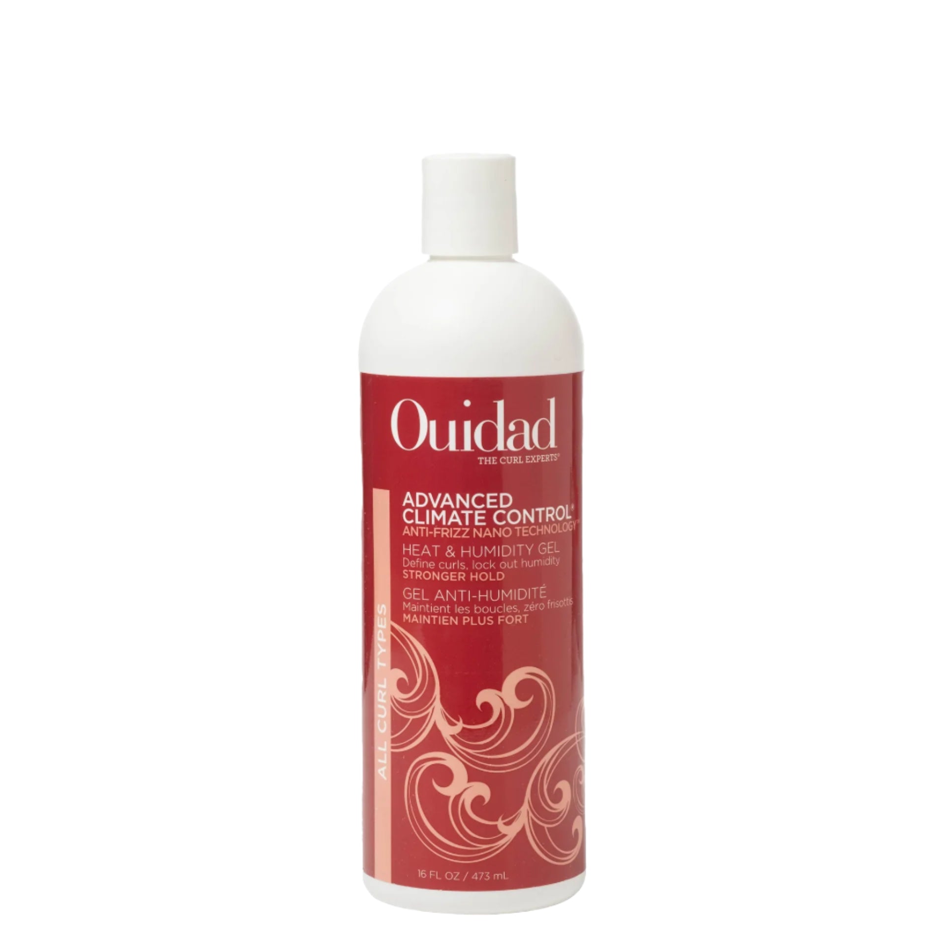 A bottle of Ouidad Advanced Climate Control Gel with a white and red label, standing against a pink background.
