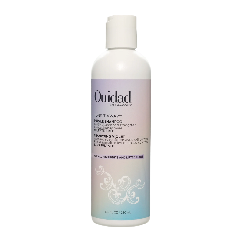 Ouidad Tone It Away purple shampoo bottle on a white background