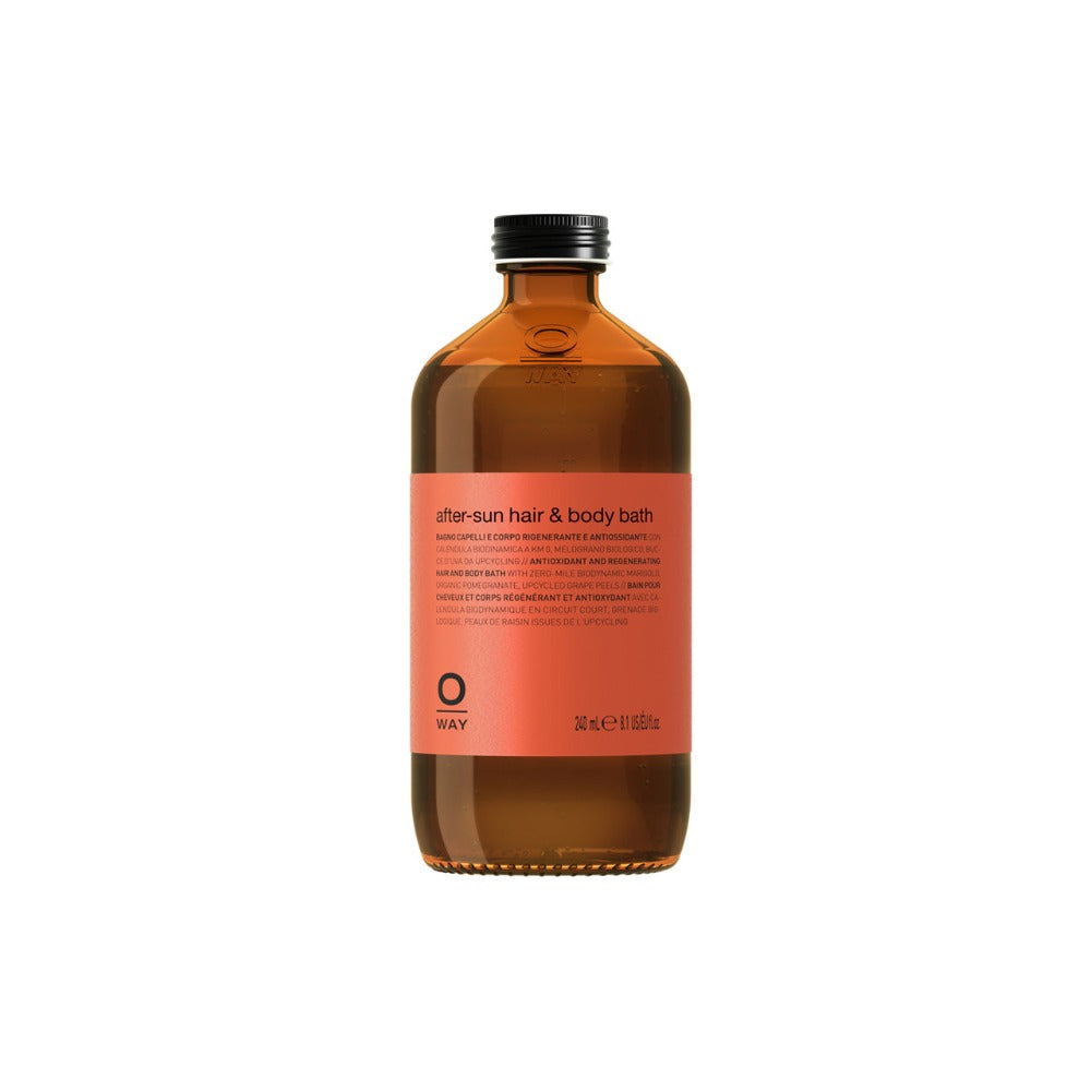 Oway Aftersun Hair and Body Bath 240ml amber glass bottle on white background