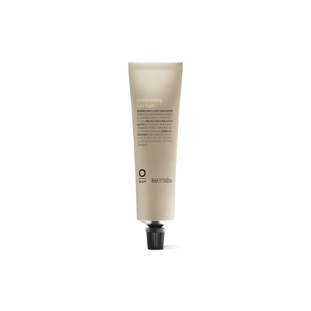 Oway Moisturising Hair Bath 50ml travel size bottle on white background