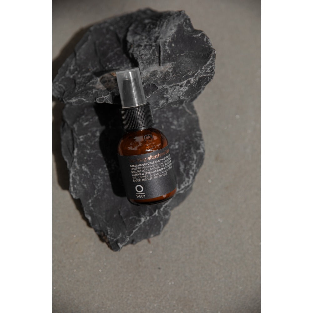 Oway Repairing Aftershave Balm applied to calm skin after shaving