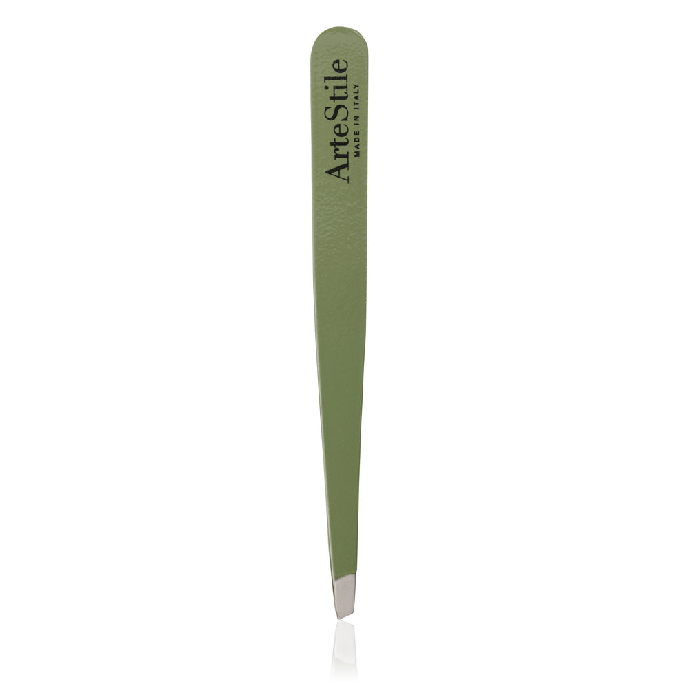 ArteStile Slant Tweezers in Olive, white background packshot of Italian made slant tip brow tweezers