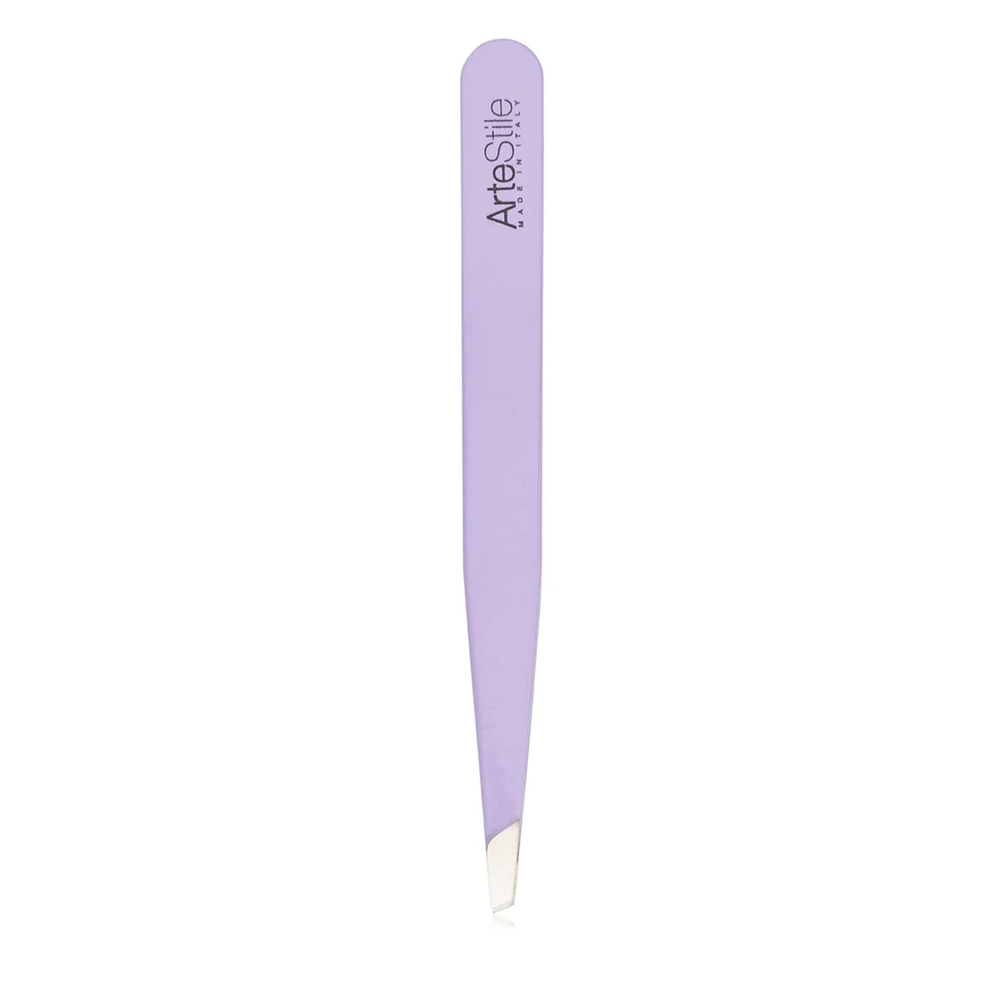 ArteStile Slant Tweezers in Lilac, white background packshot of Italian made slant tip brow tweezers