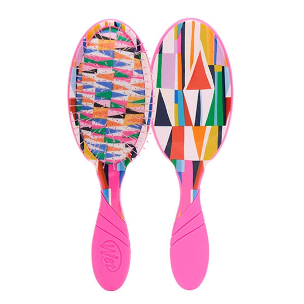 Two colorful Wet Brush hairbrushes with geometric patterns on a white background